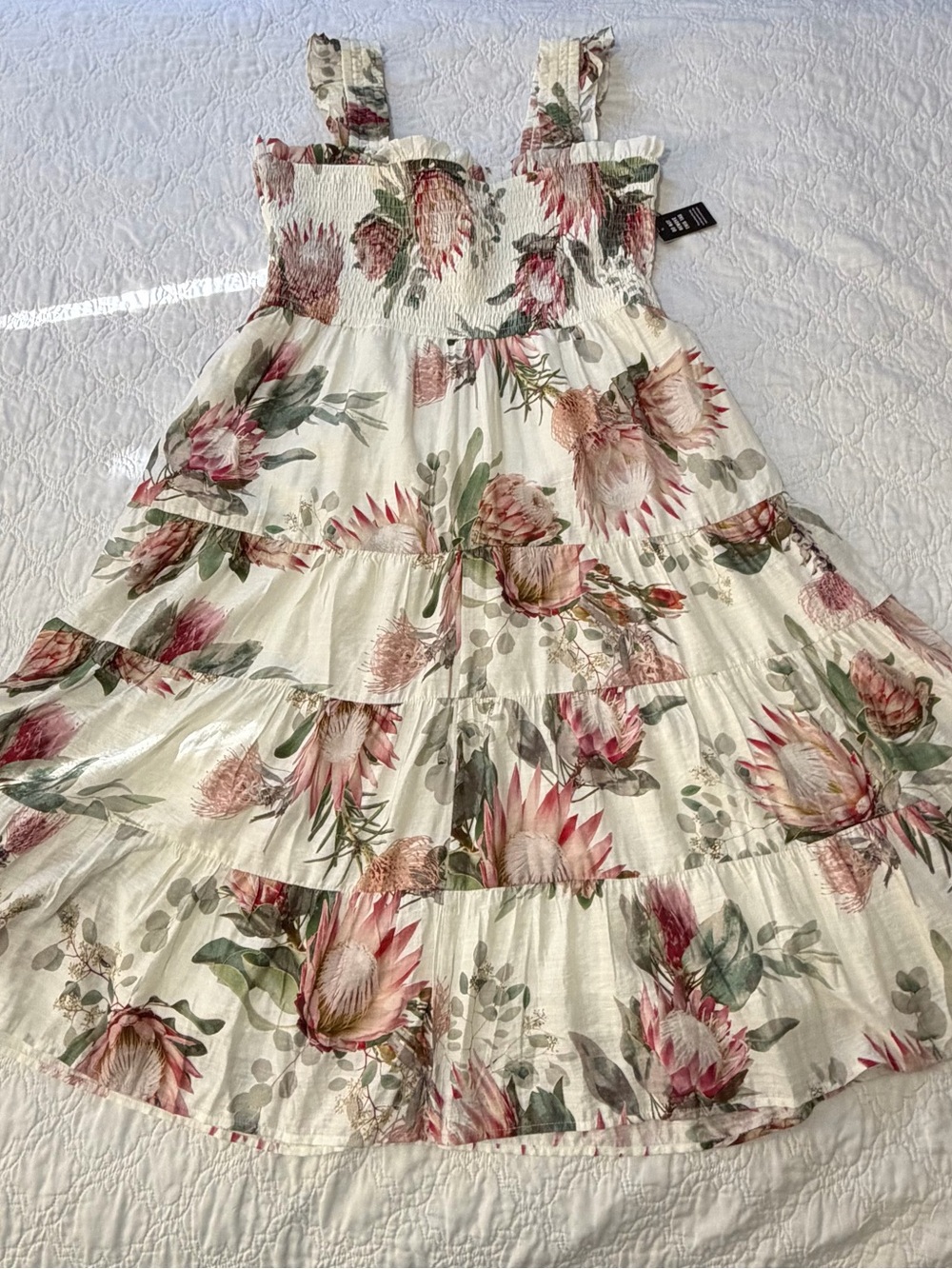 Express Floral Tiered Maxi Dress - White, Pink & Green